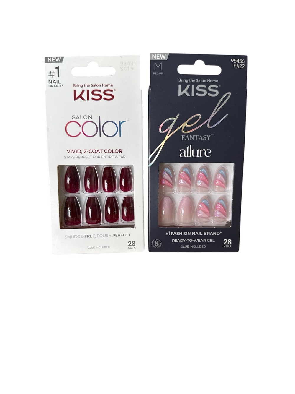 Kiss Medium Coffin/Almond Gel Fantasy Pink/ Salon Color Red Press On Nails